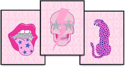 Skull Cheetah Leopard Lips Pop art Wall Art - Retro style Indie Room Decor - Preppy Room Decor - Wall Decor Aesthetic - Hipster Indie - Pink Modern art Bedroom Living room Poster Set 8x10