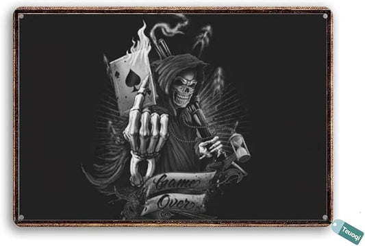 MATou Vintage Playing Cards Grim Reaper Skull 8x12 Inch Tin Sign Home Decor Home Art Metal Signs Wall Art Wall Decor Poster