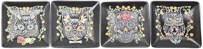 Blue Sky Clayworks Calvin Sugar Skull Appetizer Plate, 5.02" L x 5.02" W x 0.77" H, Set of 4