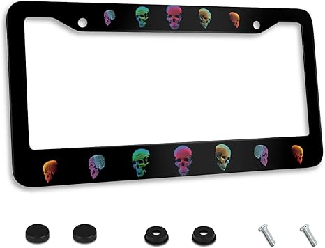 Colorful Stereoscopic Skull Skulls License Plate Frame Car License Plate Stainless Steel Accessory License Plate Decor with 2 Holes and Screws 12 x 6 for US Canada Vehicle Standard