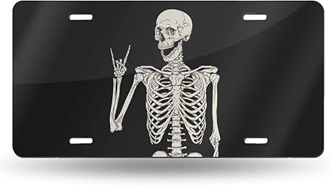Skull Human Skeleton Posing Isolated Over Front License Plate Aluminum Decorative License Plates Funny Metal Car Plate 6"X12" Novelty Vanity Tag Cover with 4 Holes Car Decor Accessory