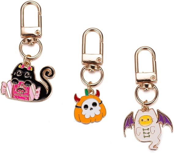 Halloween Keychain 3PCS Set Black Skull White Ghost Orange Pumpkin Cute Cat Key Ring for Women