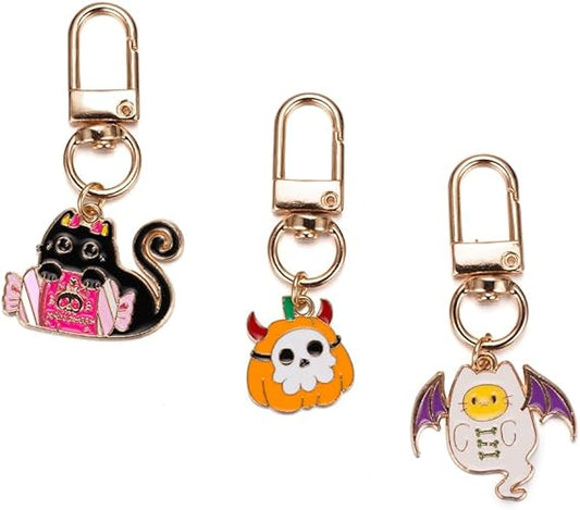 Halloween Keychain 3PCS Set Black Skull White Ghost Orange Pumpkin Cute Cat Key Ring for Women