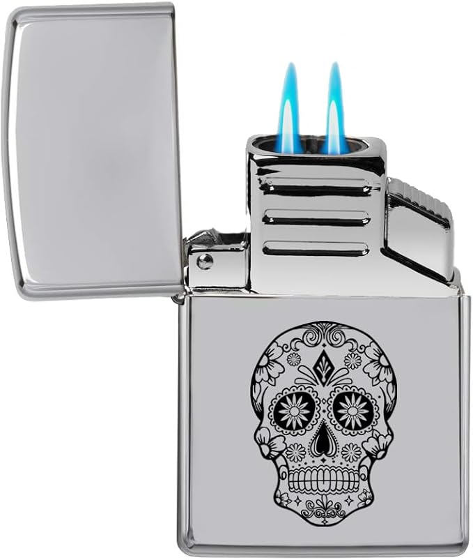 Dual Flame Torch Lighter Sugar Candy Skull (Chrome)