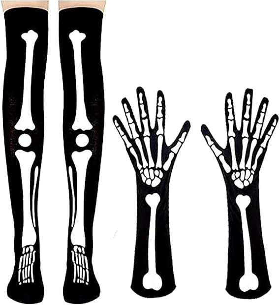 Halloween Skeleton Gloves Stockings Costume Set Thigh High Socks Full Finger Skull Gloves Skeleton Hands Bone for Halloween Cosplay Party Costume Accessories