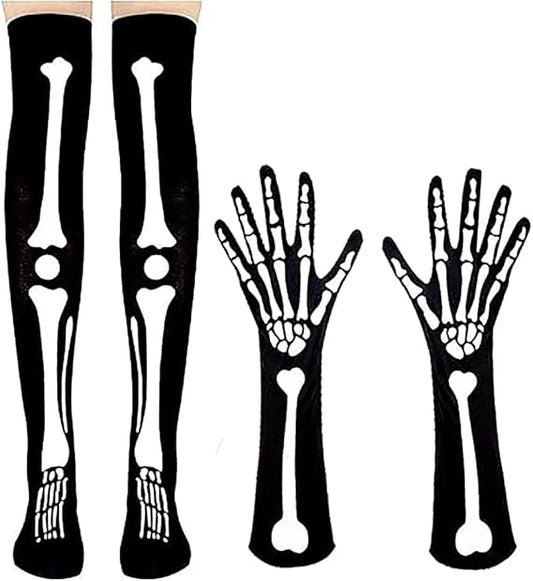 Halloween Skeleton Gloves Stockings Costume Set Thigh High Socks Full Finger Skull Gloves Skeleton Hands Bone for Halloween Cosplay Party Costume Accessories