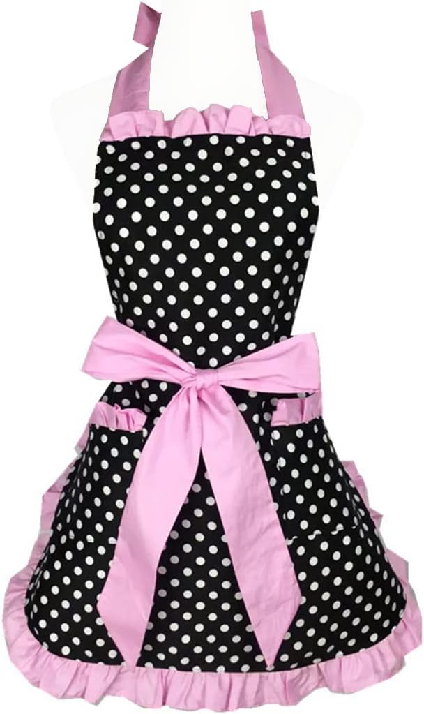 Hyzrz Cute Apron Retro Black Polka Dot Retro Ruffle Side Vintage Cooking Aprons with Pockets for Women Girls (Side Pink)