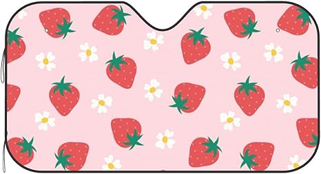 Strawberry Flowers Car Windshield Sunshade Foldable Sun Visor Front Window Sun Shade Cover for Car Truck SUV 55x29.9 Inches