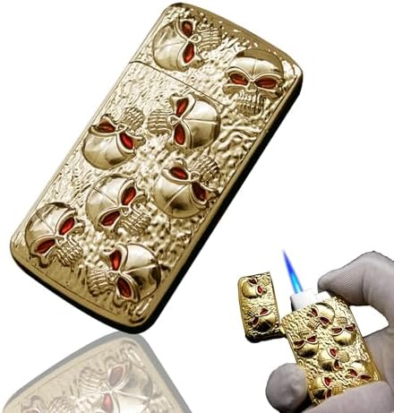 Skull Shaped Lighter, Refillable Butane Lighter, Metal Windproof Flame, Butane Soft Flame, Outdoor Camping Candle (No Gas) (Gold)