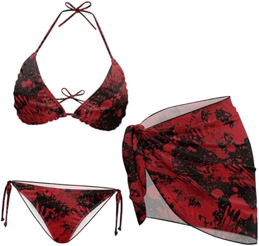 Women's 3 Piece Boho Floral Bathing Suit with Beach Wrap Skirt Sarong Chiffon Swimsuit Tie Side Bikini Set Cover Up