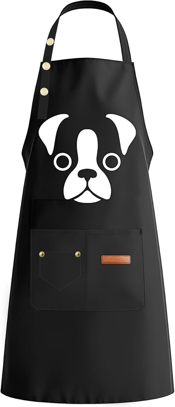 KIMCHOMERSE Large Apron for Women Men Chef, Adjustable Bib Apron with Pockets, Water & Oil-proof Aprons for Cooking Kitchen -Great Gift for Chef and Dog Lovers, Black