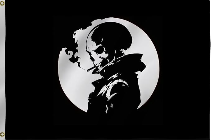 Smoking Skull Pirate Flag 12x18 Inches -Night Moon Boat Heavy Duty 210D Nylon Embroidered Flags For Outdoor ATV, Golf Cart Flag, Mailbox and Independence Day With 2 Boat Flag Pole. (NightSmoke-12x18inch)