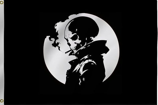 Smoking Skull Pirate Flag 12x18 Inches -Night Moon Boat Heavy Duty 210D Nylon Embroidered Flags For Outdoor ATV, Golf Cart Flag, Mailbox and Independence Day With 2 Boat Flag Pole. (NightSmoke-12x18inch)