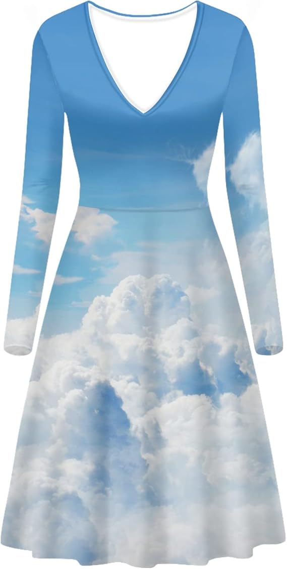 Blue Dress Clouds, Casual Loose Fit Sexy V Neck Lady Dresses Light Long Sleeve Dresses Blue Dress Printed with Clouds