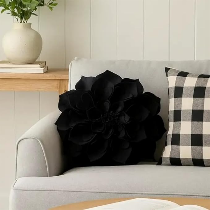 Fennco Styles Handmade 3D Heart-Shaped Petals Flower Decorative Filled Throw Pillow 13" Round - Black Floral Pillow for Couch, Home Décor and Holiday, Housewarming Gift