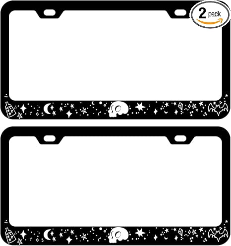 2 Pack Skull Stars Bat License Plate Frames, Stainless Steel License Plate Cover with Screw Caps Cover and Screwdriver Set - 2-Hole