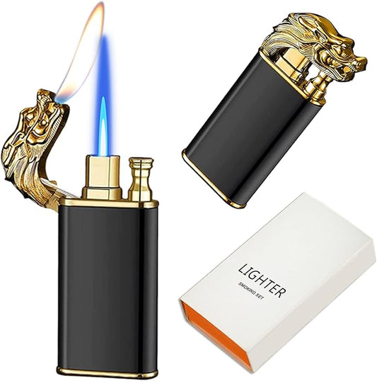 Magic Dual Flame Dragon Lighter, Cool Dragon Dual Flame - Windproof Adjustable Jet Flame and Soft Flame, Refillable Butane Lighter for Outdoor Indoor(Without Butane)-Black