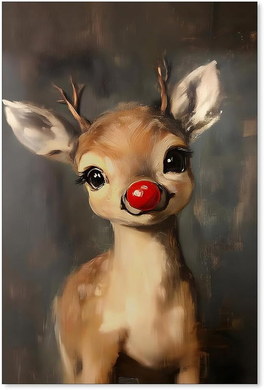 Christmas Reindeer Wall Art Winter Cute Whimsical Animal Canvas Poster Vintage Red Nose Deer Painting Prints for Rustic Living Room Bedroom Wall Decor 16x24 inch Unframed