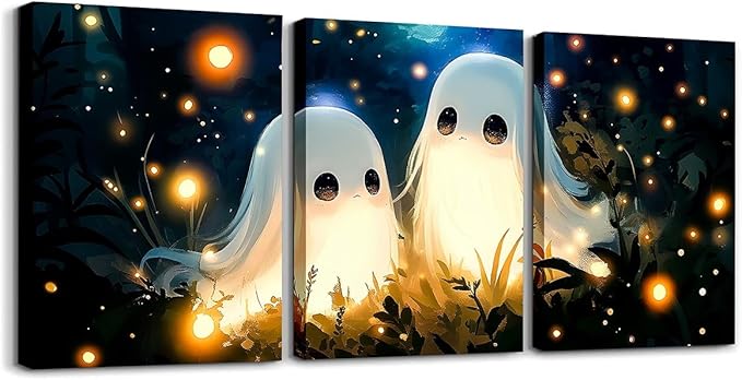 jejeloiu Ghost Bathroom Wall Art for Home Decor 12"x16"x3pcs Horror Ghost Theme 3 Piece Canvas Wall Art for Living Room Bedroom Happy Halloween Office Wall Decor Artwork Posters Skull Ghost