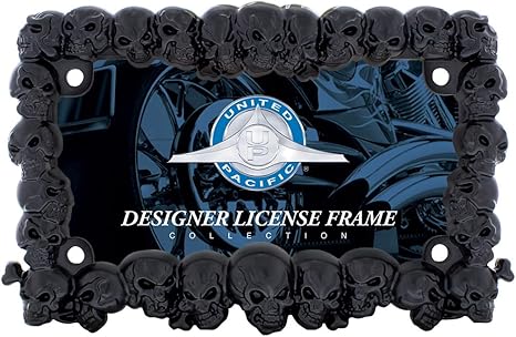 United Pacific 50113 Zinc Diecast Satin Black 3-D Skull Motorcycle License Plate Frame, All Over Skull Design, Gothic License Plate Holder, Heavy-Duty – ONE Unit
