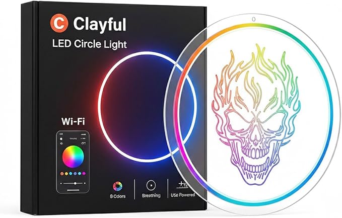 Clayful RGBICW Flaming Skull LED Neon Sign - Acrylic Engraved RGB Neon Sign with Multiple Lighting Modes, Music Sync, Bluetooth & Wired Control - Gaming Room, Bar, Party, Man Cave Décor