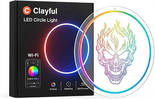 Clayful RGBICW Flaming Skull LED Neon Sign - Acrylic Engraved RGB Neon Sign with Multiple Lighting Modes, Music Sync, Bluetooth & Wired Control - Gaming Room, Bar, Party, Man Cave Décor