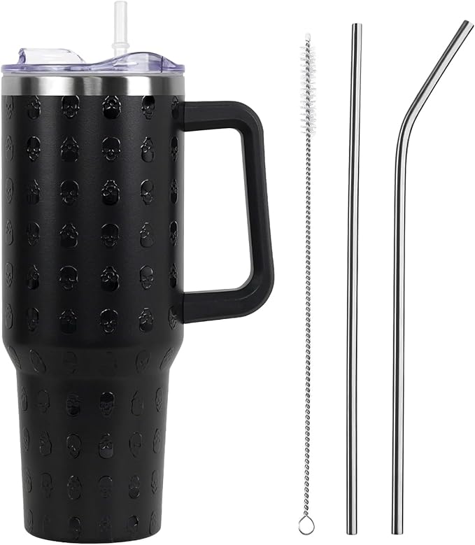 Halloween Tumbler with Lid and Straw 40oz,5D Black Gothic Skull Skeleton Vacuum Insulated Leak Proof Tumbler,Goth Cute Spooky Gift Women Girls,Fall Thanksgiving Accessories Stainless Steel Coffee Cup