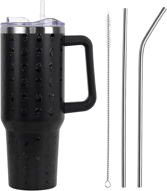 Halloween Tumbler with Lid and Straw 40oz,5D Black Gothic Skull Skeleton Vacuum Insulated Leak Proof Tumbler,Goth Cute Spooky Gift Women Girls,Fall Thanksgiving Accessories Stainless Steel Coffee Cup