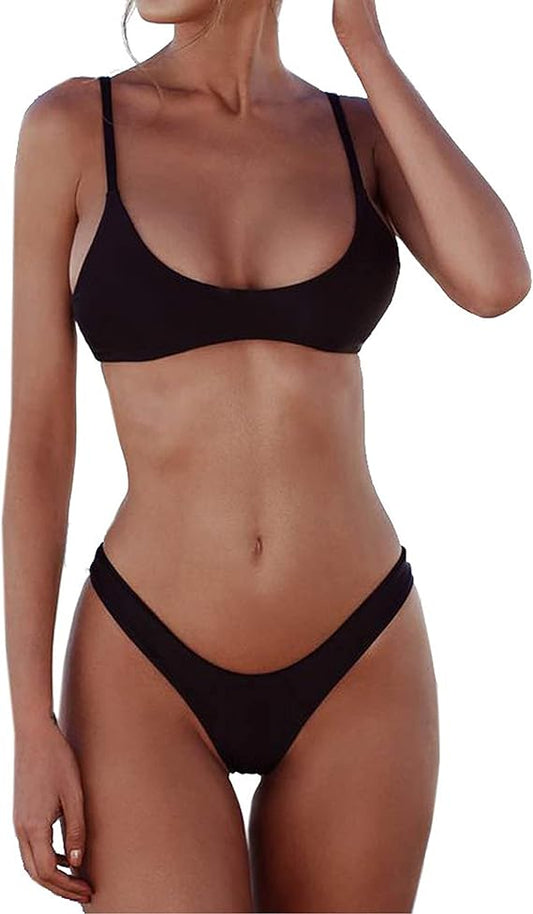 Women's Solid Scoop Neck Push Up Padded Brazilian Thong Bikini Swimsuit Bathing Suit