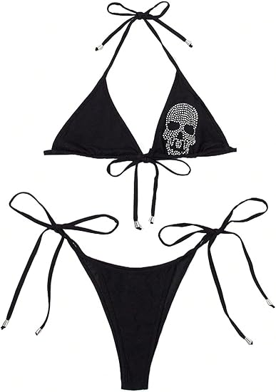 Women's Skull Pattern Halter Rhinestones Triangle Thong Sexy 2 Piece Bikini Swimsuit
