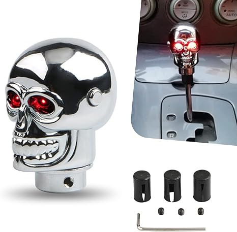 Car Skull Shift Handle, Personalized Skull Shifter Head with Adjustable LED Double Eyelet Decorations, Easy Grip Gear Knob Head with Mounting Adapter, for Manual Transmission Cars (Red)