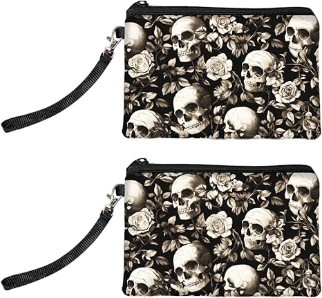Peacoblue Original Designs Coin Purse for Women Girls Skull and Flower 2 Packs Change Purse with Zipper, Durable and Soft Canvas Wallet Pouch for Travel, Gift