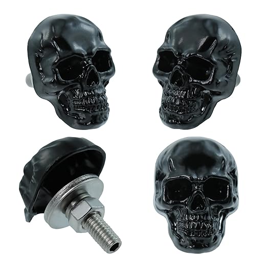 Skull License Plate Bolts Fasteners License Plate Screw Decoration Cute Unique Cool Funny Stainless Steels Screw Kit Universal Fit Most Cars Truck Motorcycle 4 Pcs (Black)