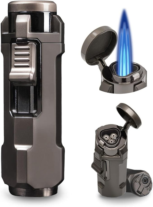 Torch Lighter, Triple Jet Flame Refillable Butane Lighter with Punch, Adjustable Windproof Cool Mini Lighters for Candle, Camping, Durable & Vintage Design with Gift Box (No Fuel)