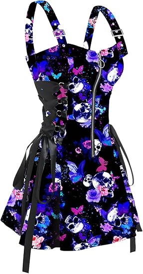 Women’s Gothic Buckle Strap Mini Dress – Lace Up Zipper Dress in Multiple Prints