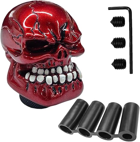 Skull Car Gear Shift Knob, Resin Automotive Transmissions Shifting Lever Handle, Big Tooth Skull Vehicle Gear Stick Shifter Knob Compatible with Most Manual Automatic Car SUV Truck (Red)