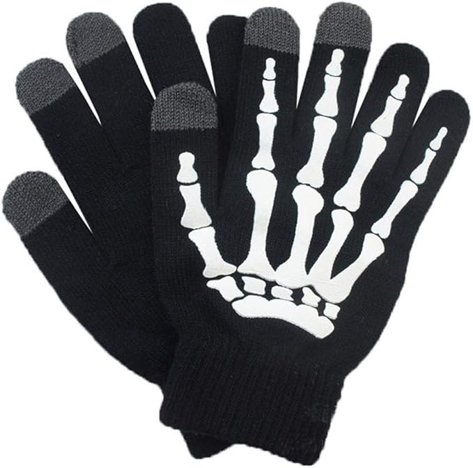 Halloween Skeleton Gloves for Women Touch Screen Gloves Unisex Skull Full Finger Gloves for Christmas Party Costume