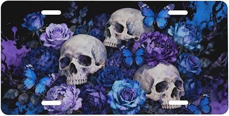 Skull Rose Butterfly Front License Plate Car Decorative License Plates Aluminum Metal Decor Accessory Novelty Vanity Tag Cover with 4 Holes for Men Women 6" X 12"