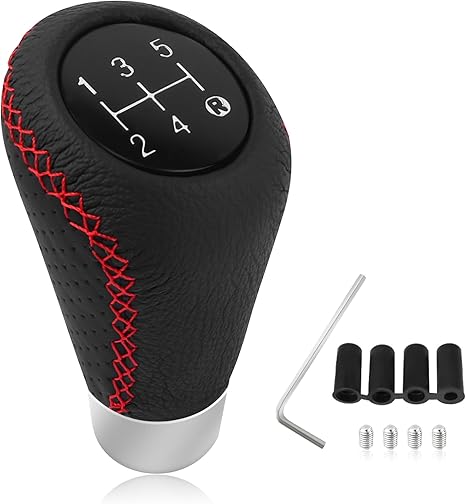 Car Gear Shift Knob with 4 Adaptive Parts,Leather 5 Speed Shift Knobs for Replacement Broken Shifter Knobs,Universal Non-Slip Manual Shift Knob Car Interior Accessories for Most Vehicles (Black/Red)