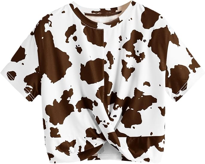 Women's Cow Print Tee Shirt Vintage Western Twist Front Short Sleeve Crop Tank Top