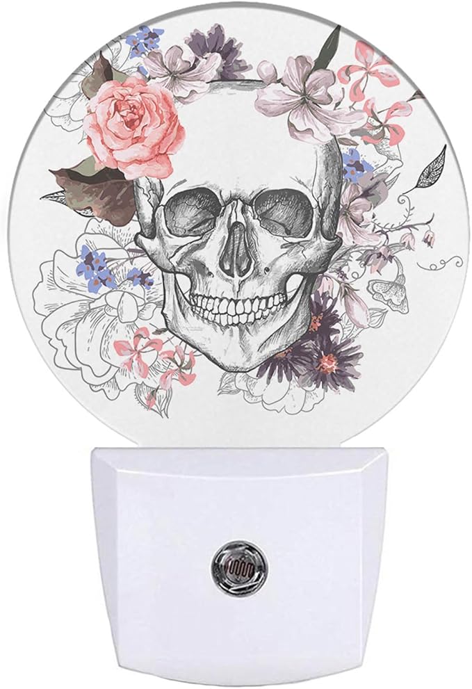EKOBLA Skull Floral Decorative Night Light Goth Spooky Sugar Skull Skeleton with Pink Flower Rose Plug-in Nightlights Auto on/Off Bedroom Bathroom Decor for Men Women Boys Girls
