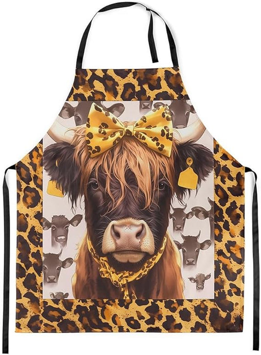Highland Cattle Apron 31x26,Bohemia Tribal Style Chef Aprons for Kitchen,Jungle Daisy Flower Waterproof Apron