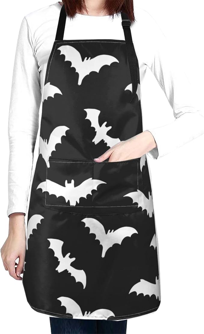 Perinsto Bats Halloween Waterproof Apron With 2 Pockets Kitchen Chef Aprons Bibs For Cooking Baking Painting Gardening Grooming