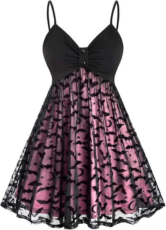 Sling Dresses for Women's Plue Size Gothic Vintage Swing Dress Halloween Lace Bat Print Festival Party Gown Dress