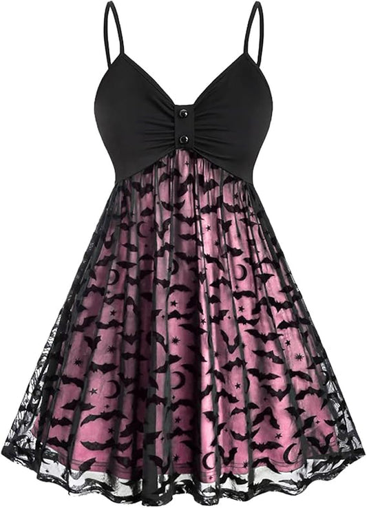 Sling Dresses for Women's Plue Size Gothic Vintage Swing Dress Halloween Lace Bat Print Festival Party Gown Dress