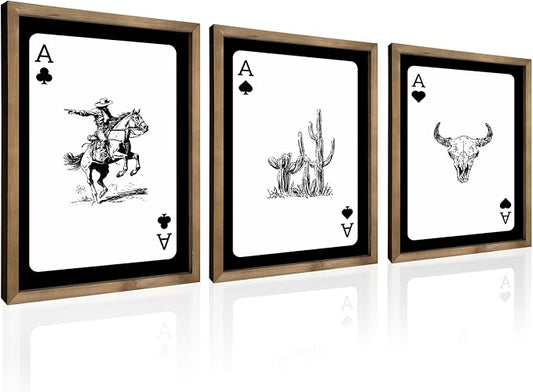 flangairy 3 Piece Western Wall Art Framed, 15.7×11.8 In Wooden Cowboy Longhorn Bull Skull Cactus Wall Decor, Playing Card Themed Southwestern Rustic Farmhouse Decorations for Home Bedroom Living Room