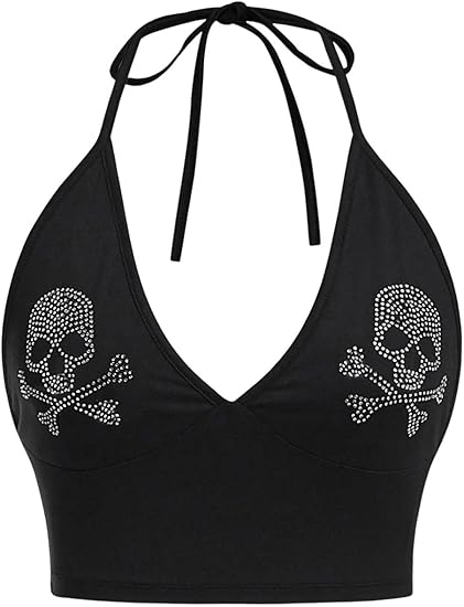 Women's Plus Size Contrast Sequin Fitted Y2K Halter Top Summer Skull Pattern Tie Backless Crop Tank Tops