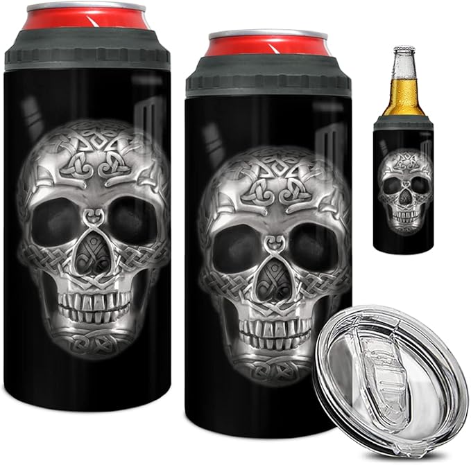 winorax Skull Tumbler 4-in-1 Can Cooler Skulls Coffee Travel Mug Cup 12oz Stainless Steel Insulated With Lid Inspirational Skull Gifts for Men Women Skulls Lover Birthday Halloween Birthday