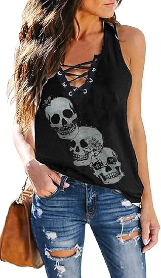 Skull Shirt for Women V Neck Lace Up Sleeveless Casual Summer Workout Yoga Tank Top