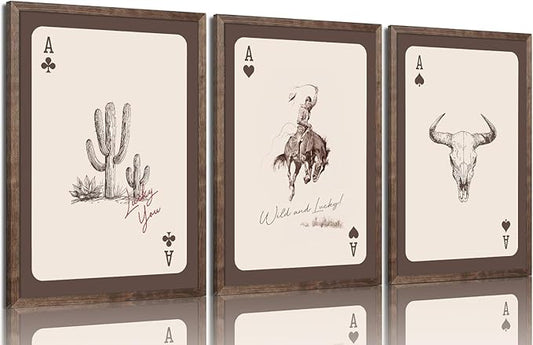 3pcs Western Cowboy Wall Art Cowboy Print Playing Card Wall Decor Trendy Brown Western Canvas Art Print Cactus Bull Skull Poker painting Posters Funky Vintage for Home Office Apartment UNFramed
